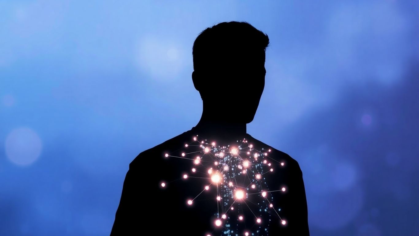Silhouette humaine connectée à un réseau de données lumineuses.