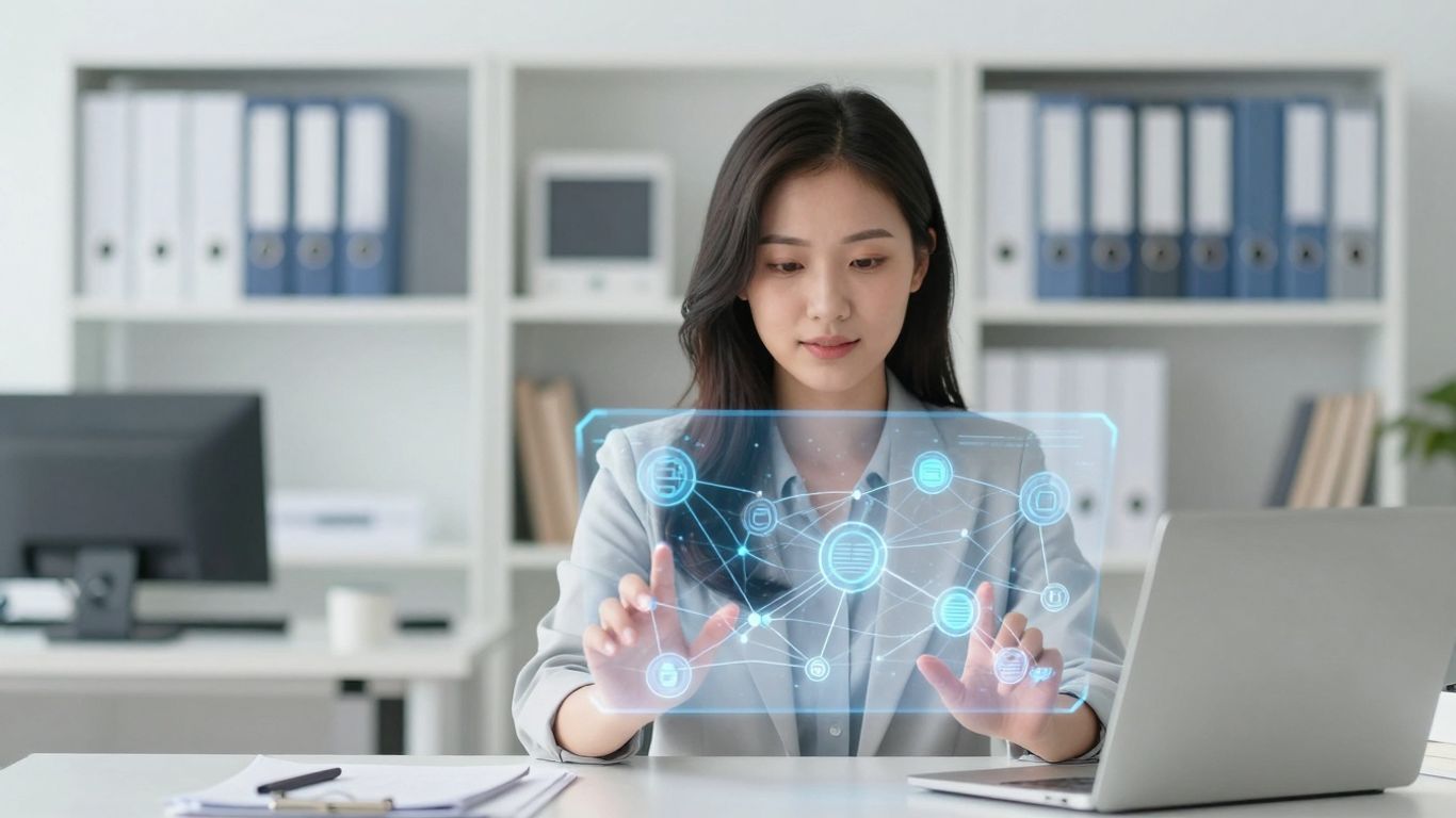 Person using holographic interface for knowledge management.