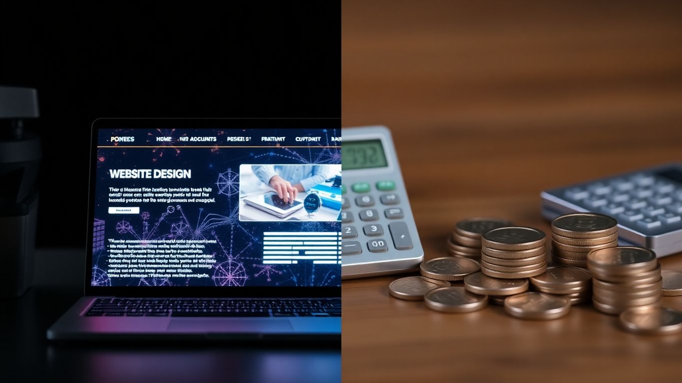 Website design cost factors with coins and calculator.