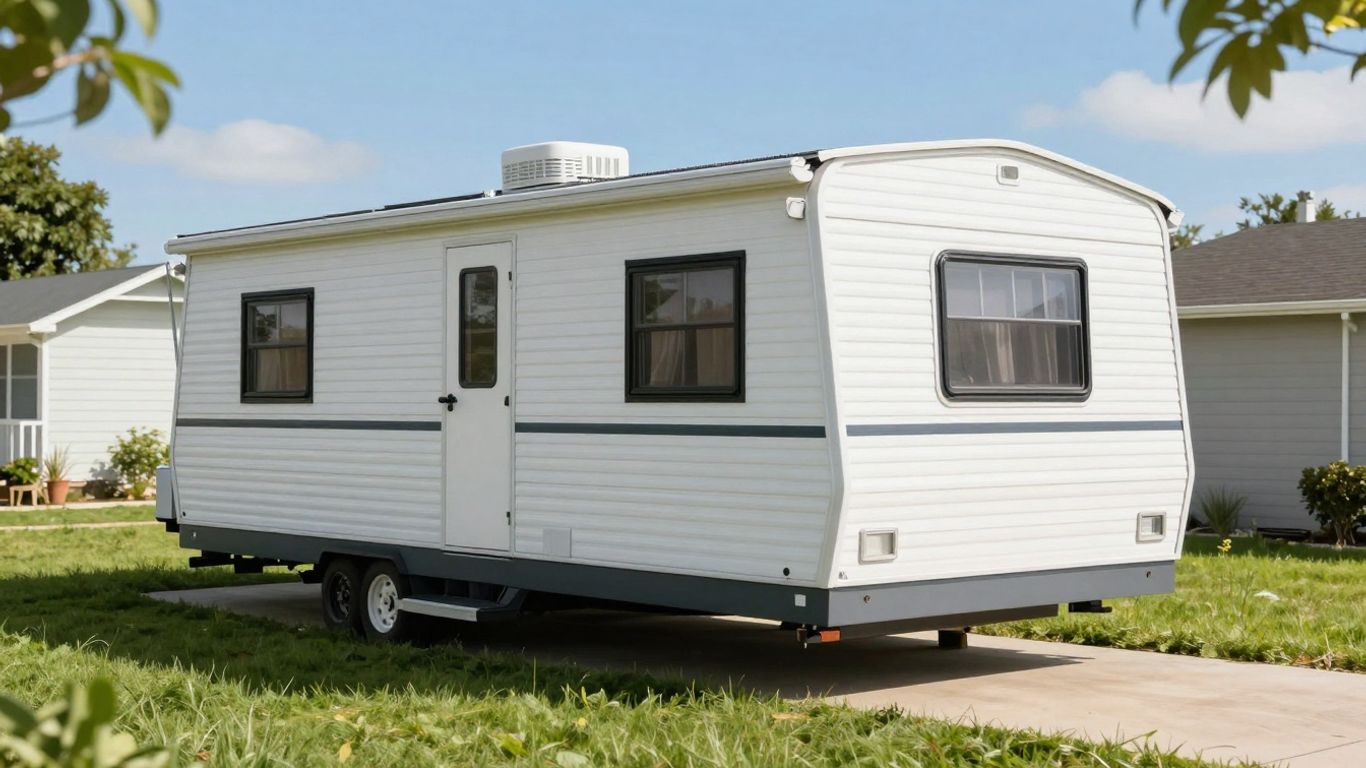 Modern mobile home in a sunny, green yard.