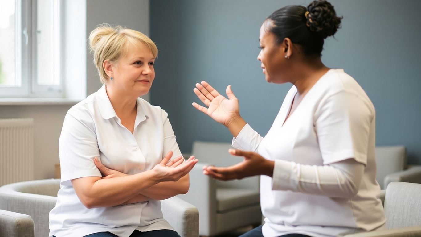 Support workers discussing a sensitive issue in a hostel.