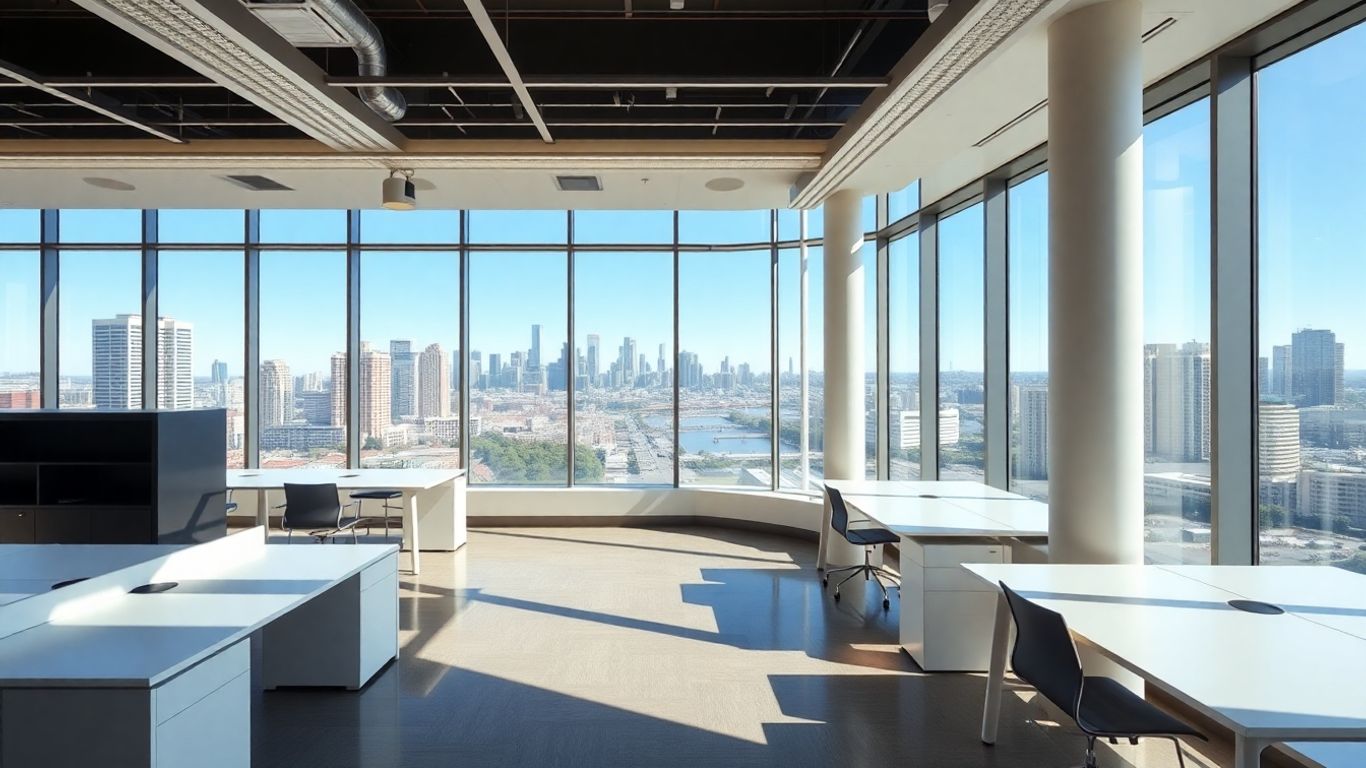 Sydney skyline view from a modern office interior.