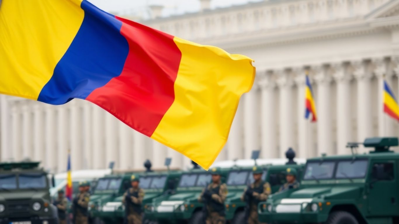 Drapel românesc, vehicule militare, soldați în formație.