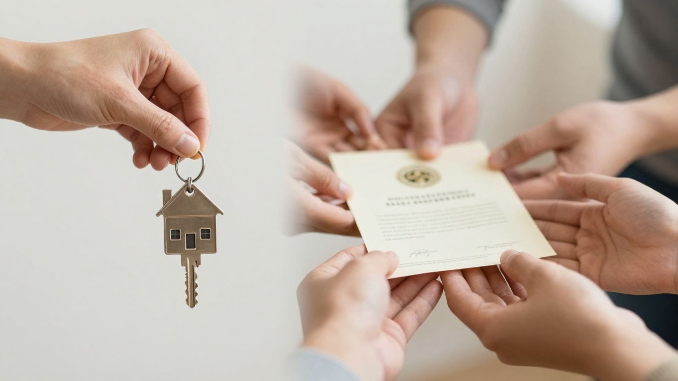 Hands holding house key and property deed, illustrating ownership.
