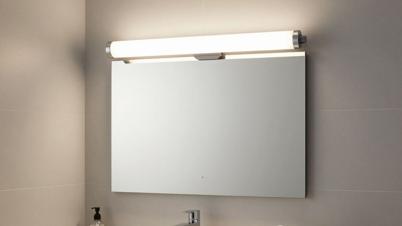 Bathroom vanity with modern above-mirror light fixture.