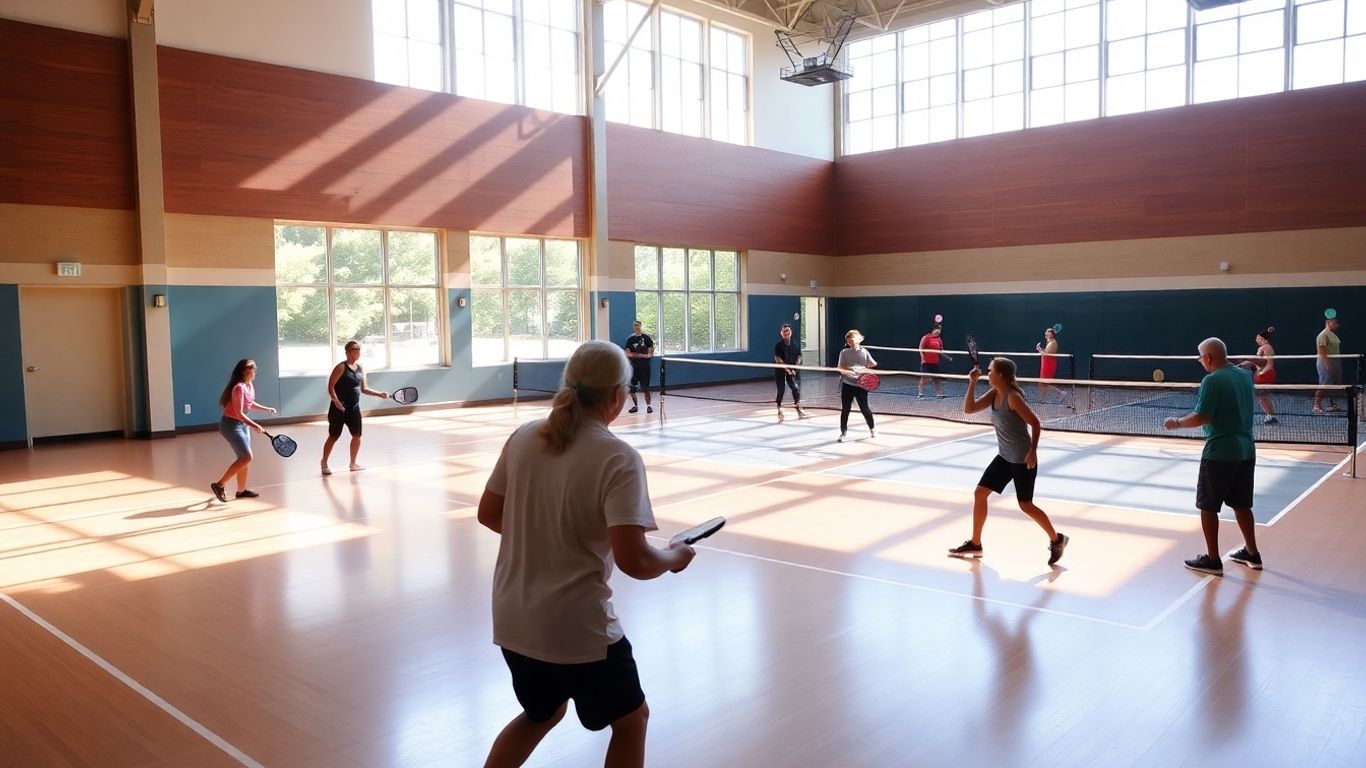 Indoor pickleball court with players in action.