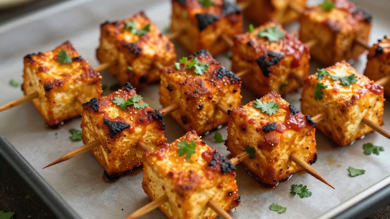 Paneer tikka skewers on a baking sheet.
