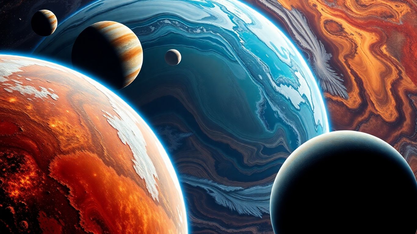 Diverse planetary surfaces and atmospheric features.