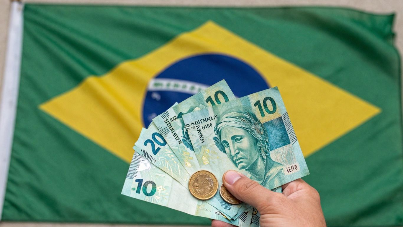 Bandeira do Brasil com dinheiro e moedas