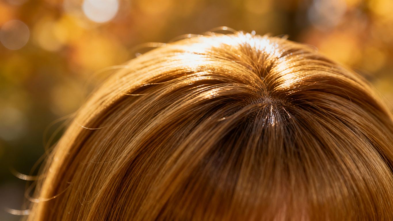 Human hair topper with natural texture and autumn lighting.