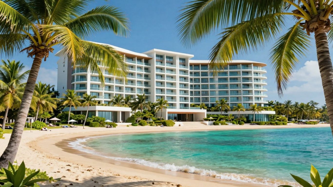 Luxury waterfront condo building on a tropical beach.