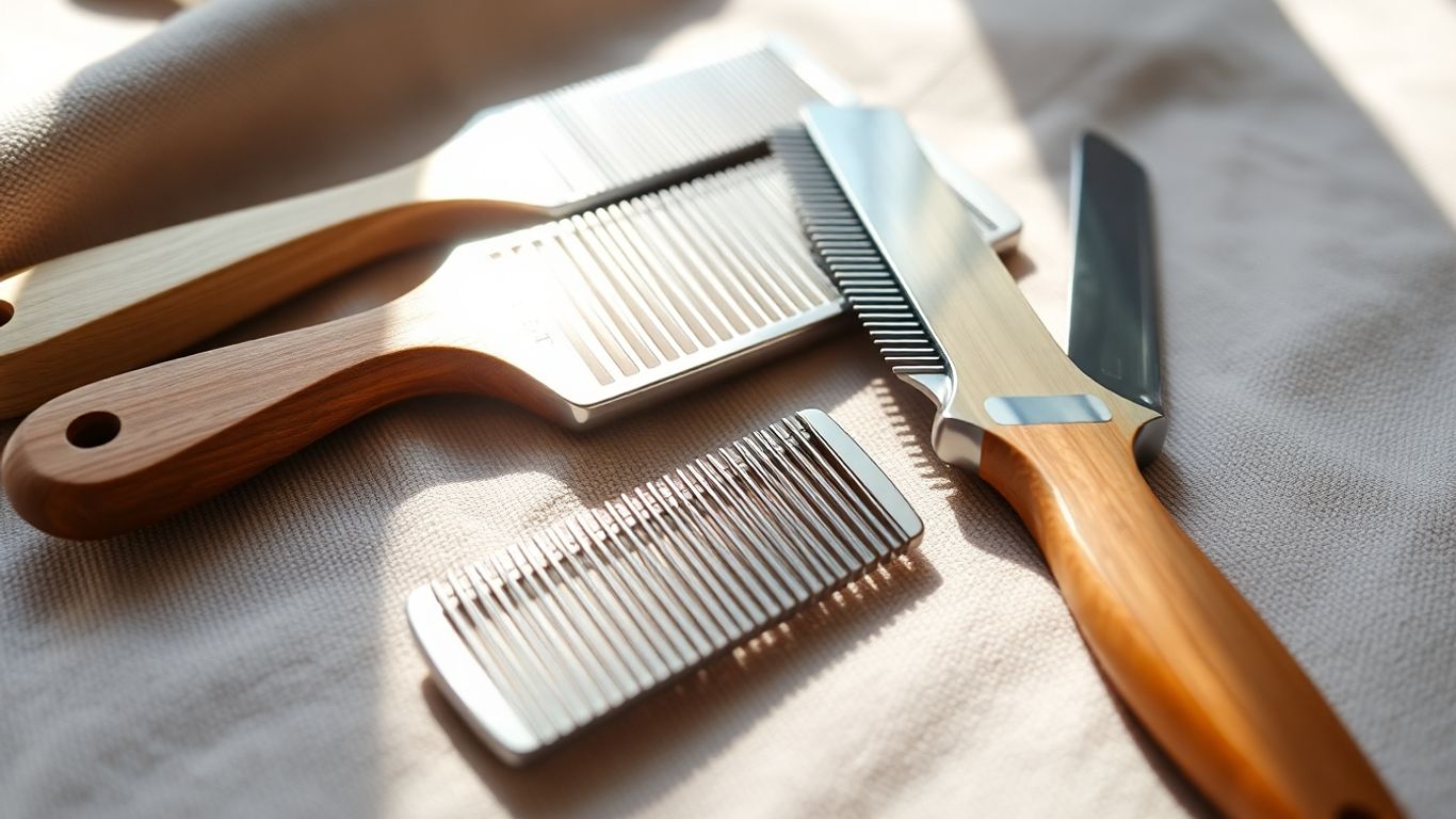 Pet grooming comb set on soft fabric