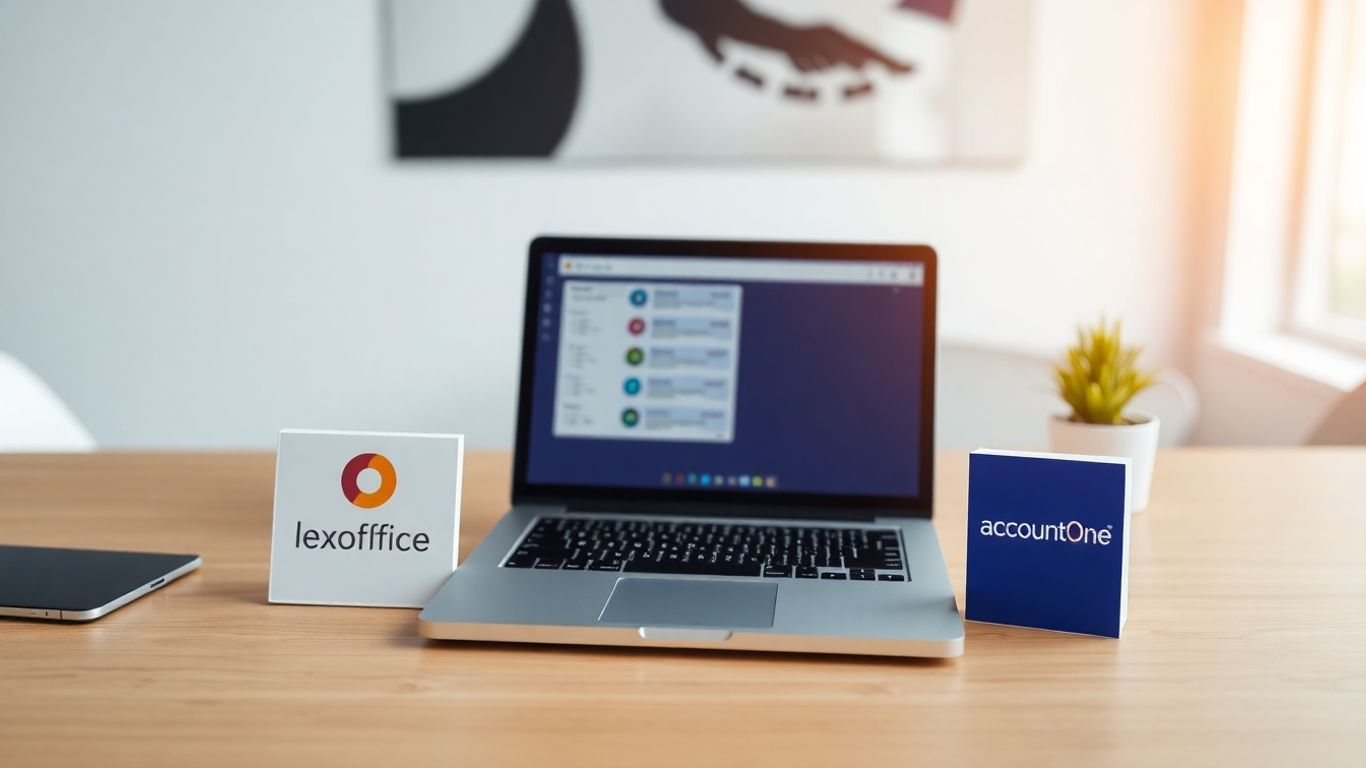 Vergleich von Buchhaltungssoftware auf einem Schreibtisch.