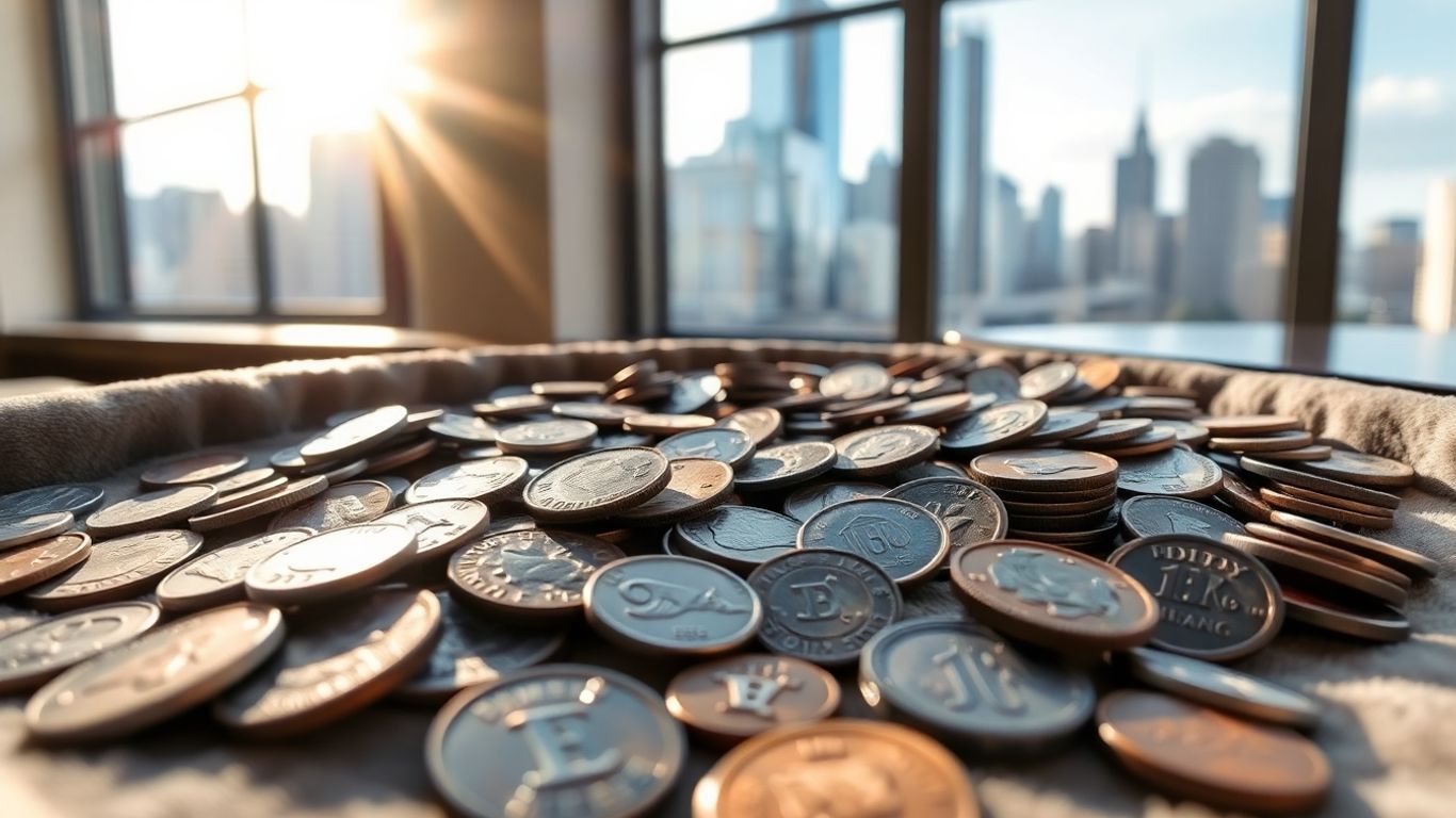 Vintage coins displayed with Chicago skyline in background scene.