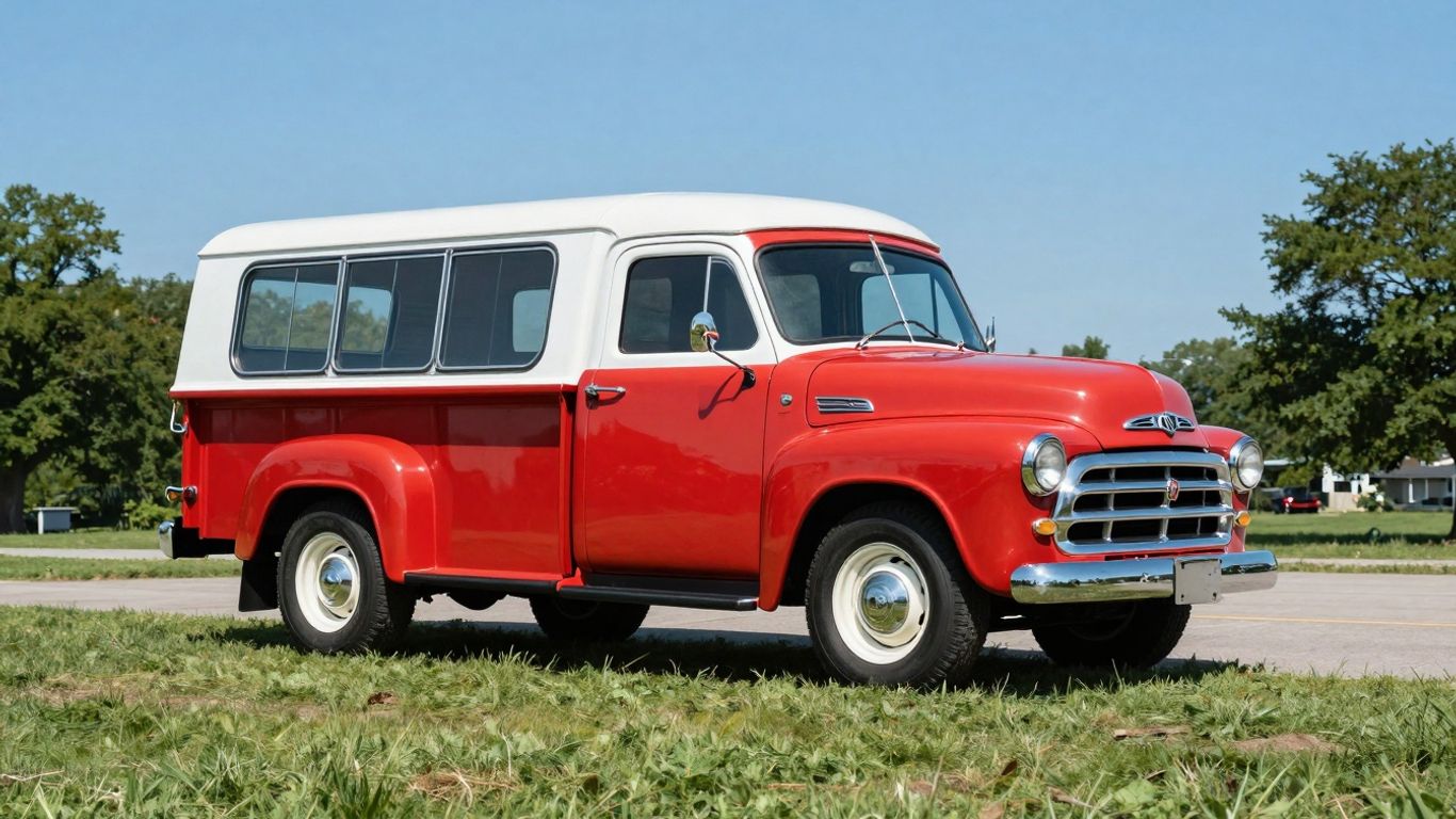 Vintage red and white 1956 Dodge pizza truck parked outdoors.