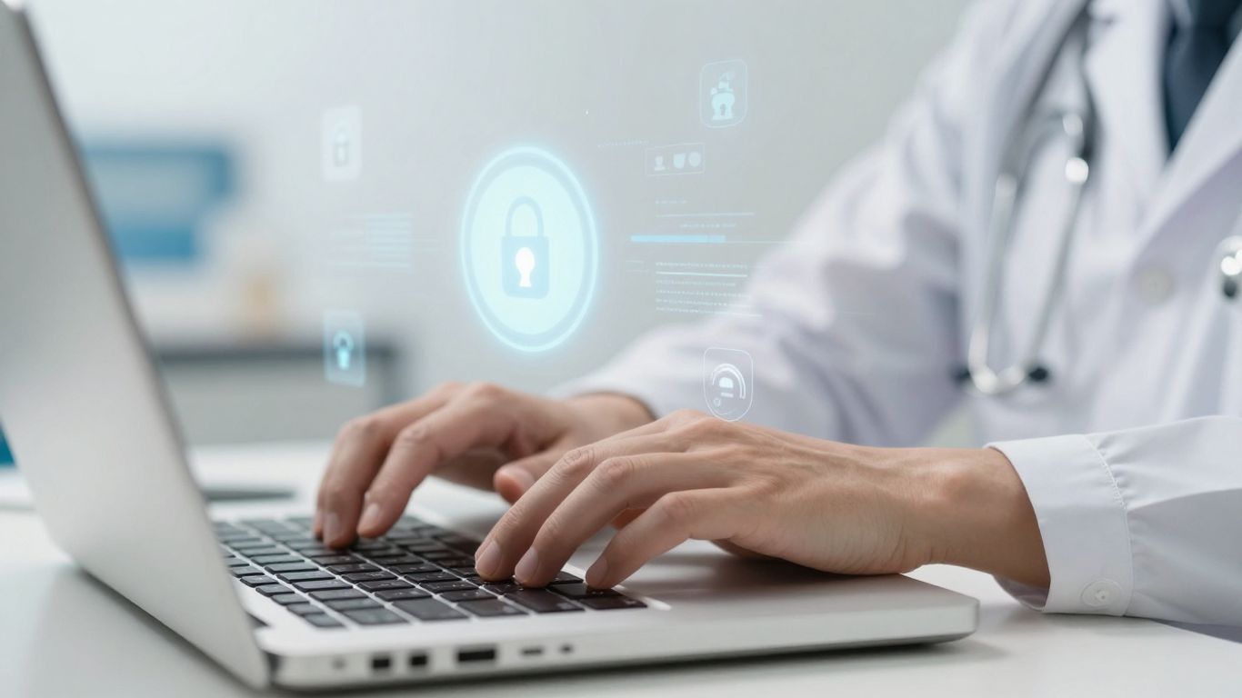 Healthcare provider securing digital patient data on a laptop.