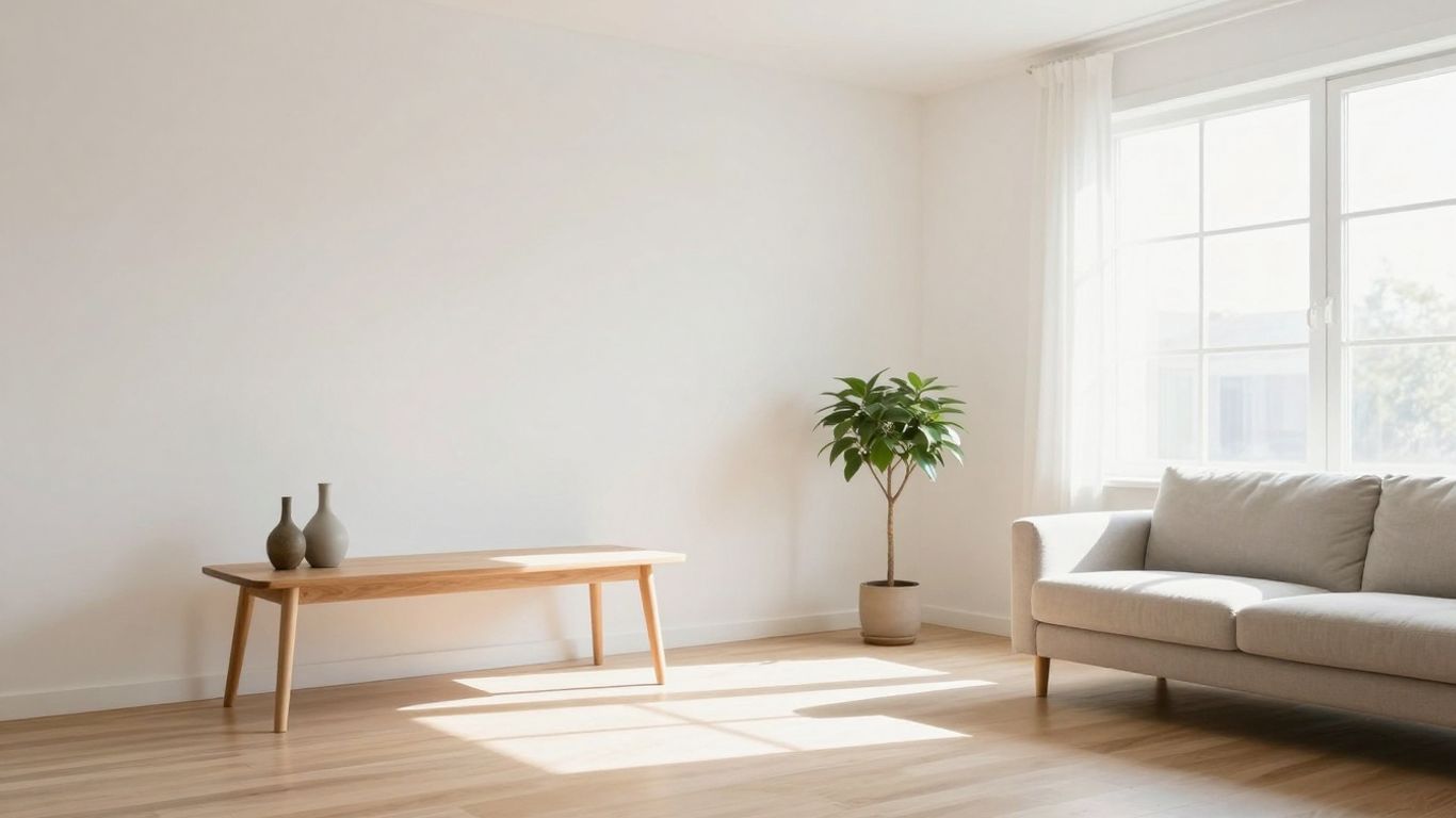 Minimalistisches Wohnzimmer mit viel Licht und Ordnung.