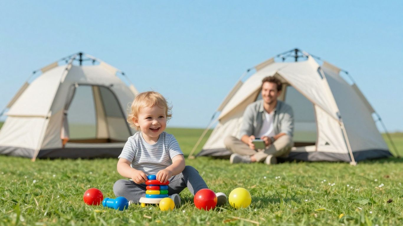 Baby op de camping met speelgoed en ouders