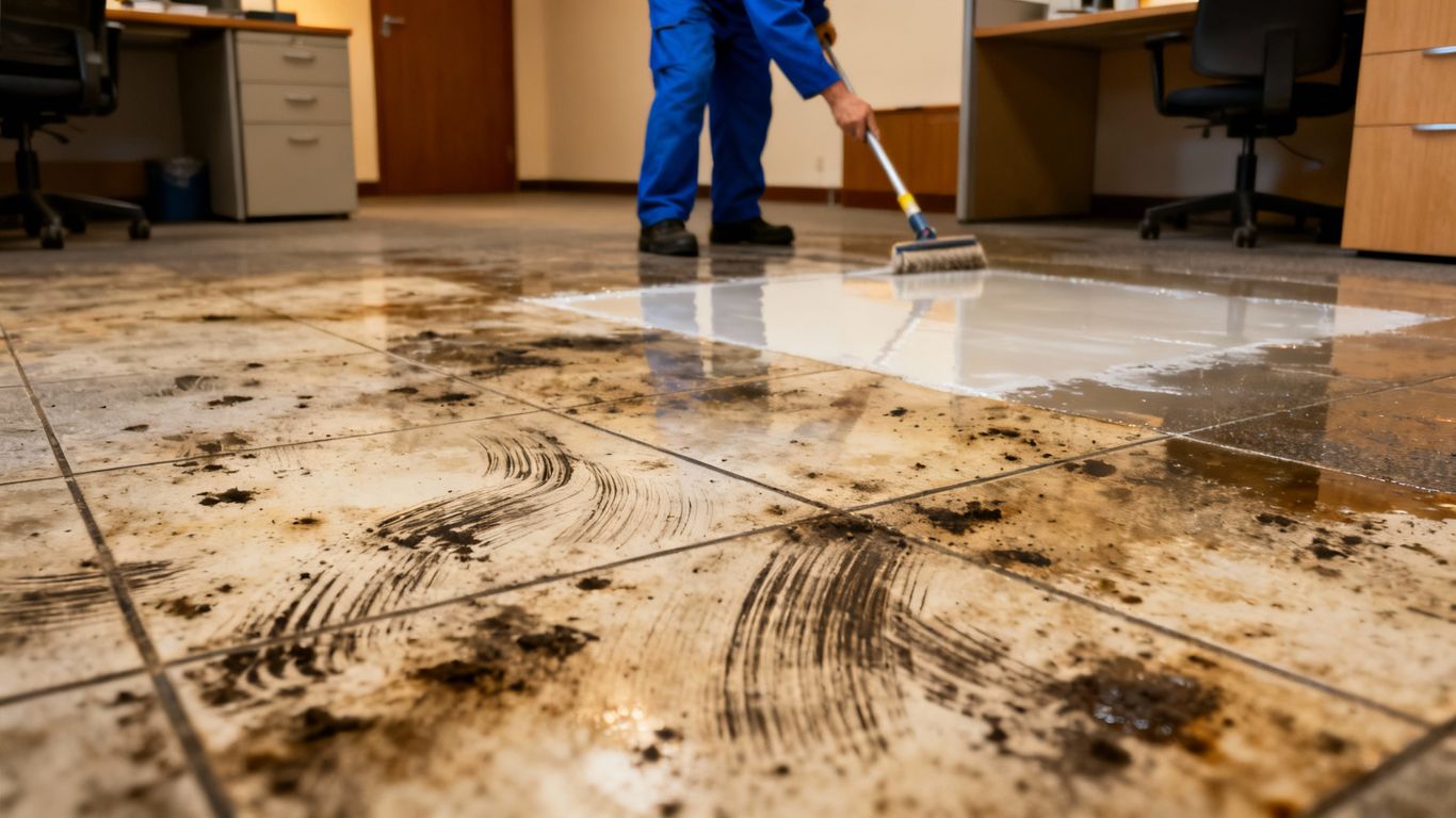 Zanedbaná kancelárska podlaha pred a po hĺbkovom čistení.