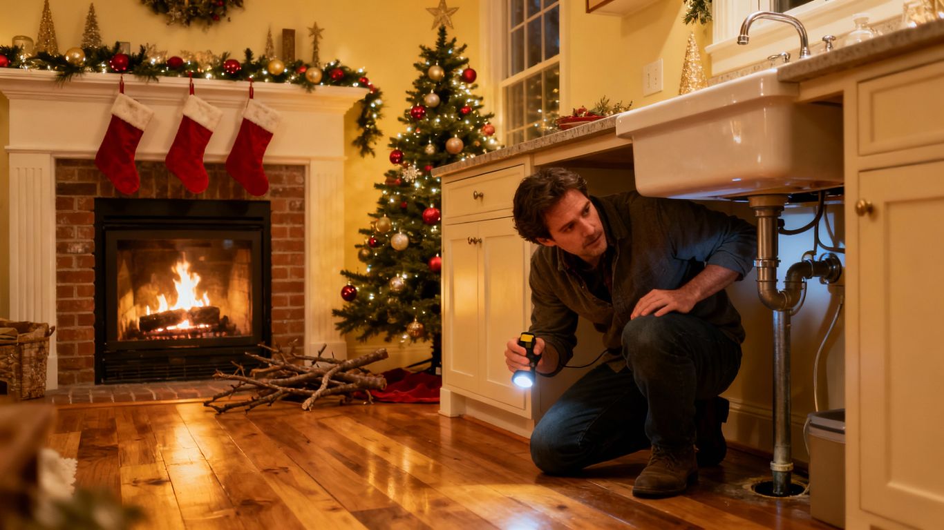 Homeowner fixing a leaky sink before holidays.
