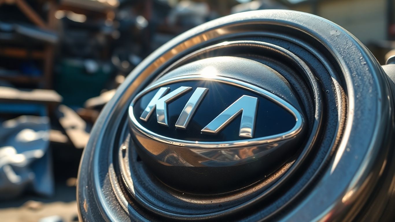 Close-up of a shiny Kia car part.