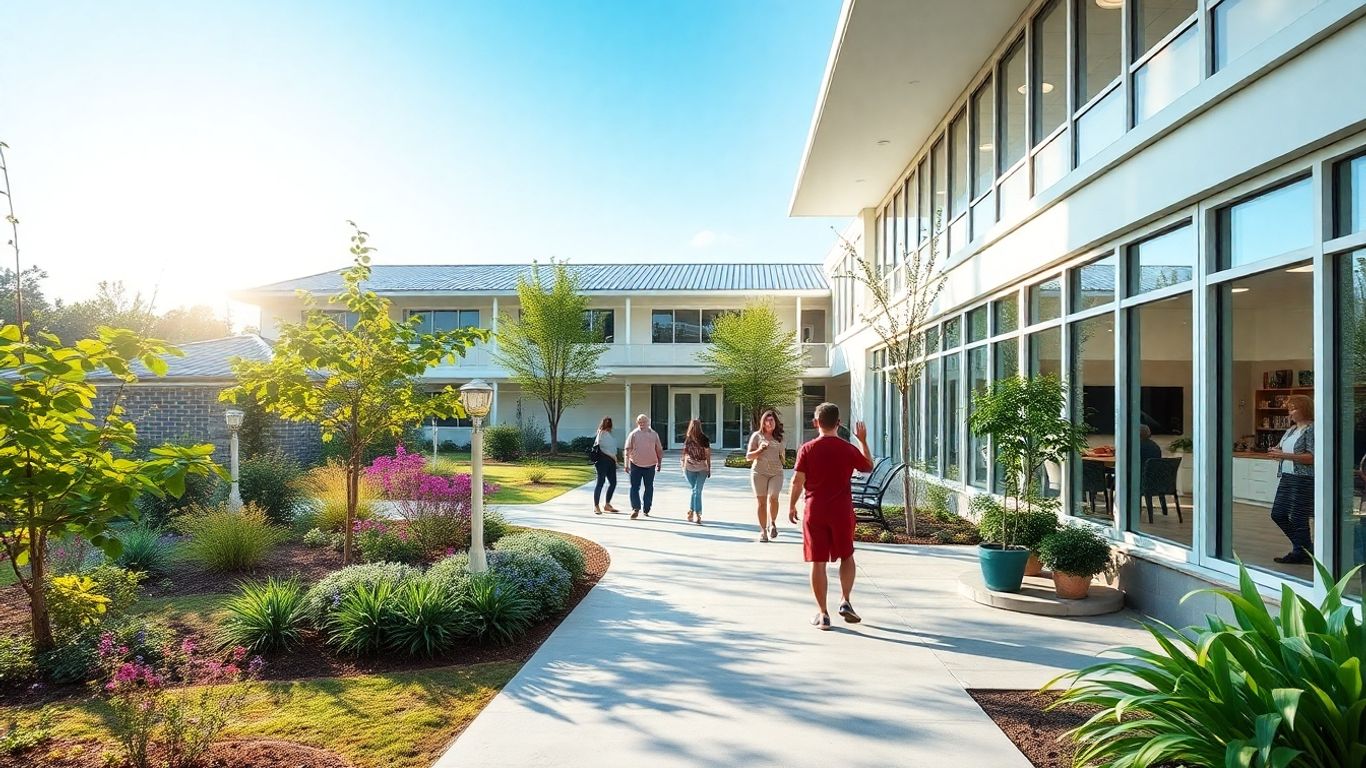 Serene rehab center with gardens and modern architecture.