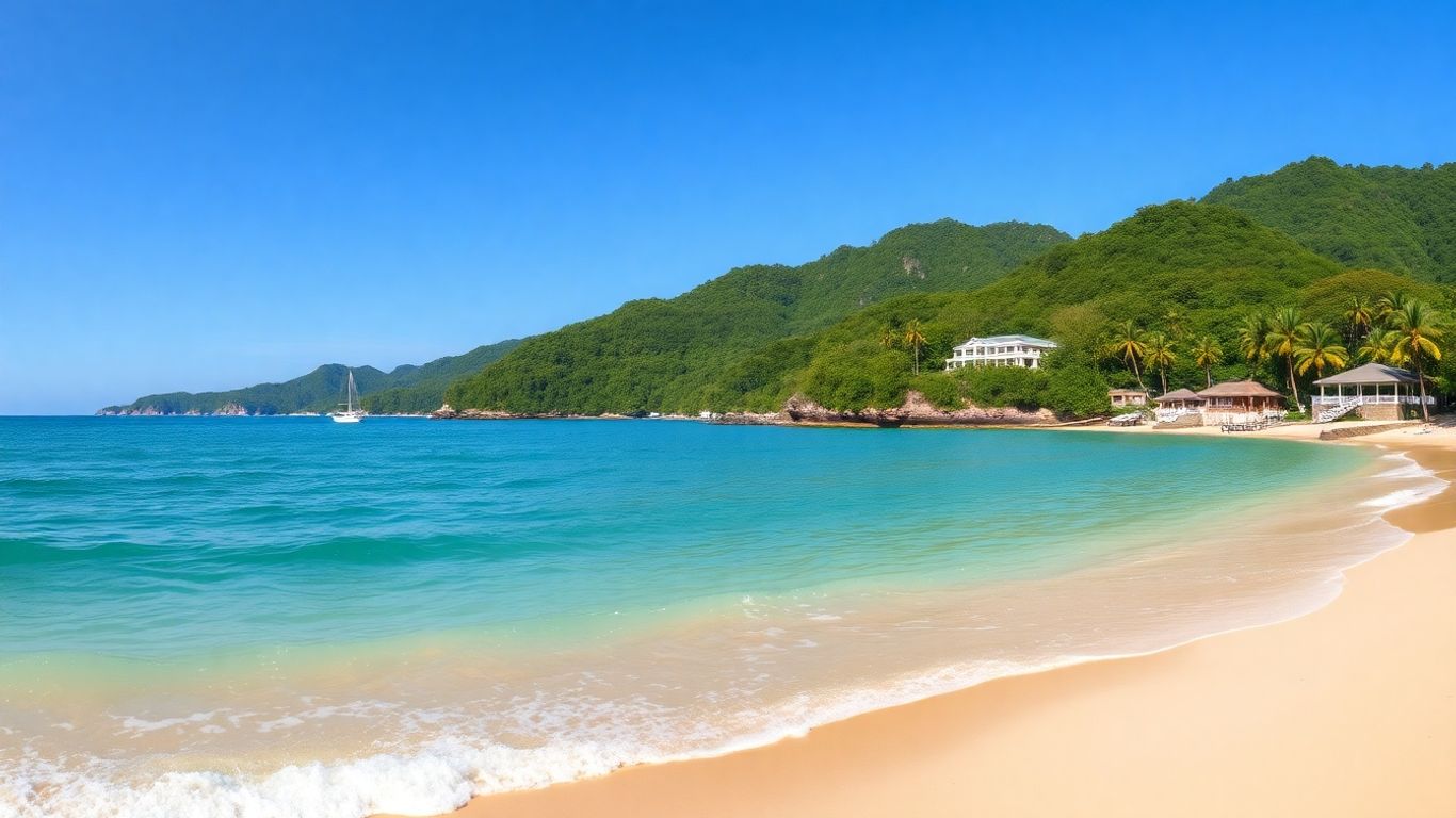 Golden sand beach with turquoise sea and green hills in Phuket.