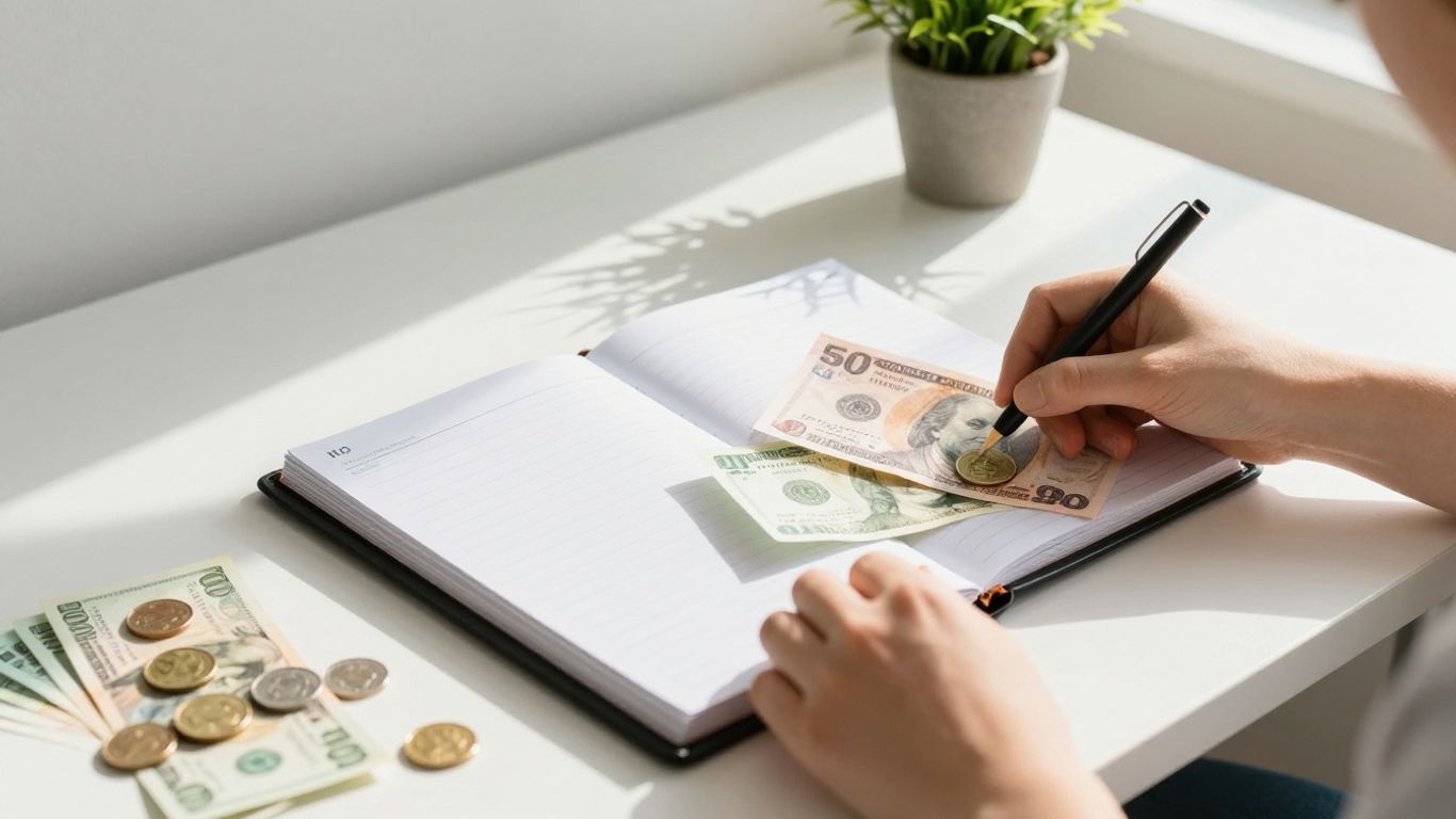 Person organizing money and planner on a desk.