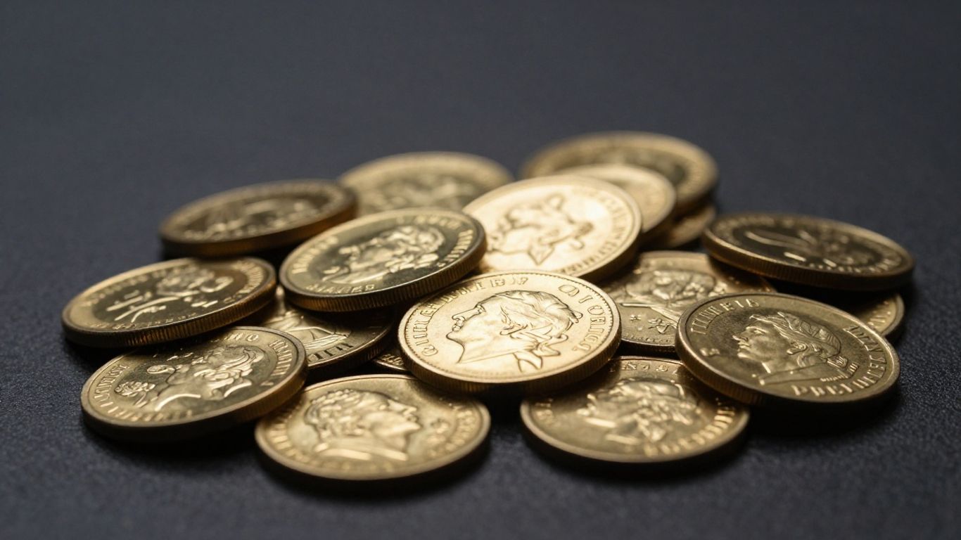 Pioneer gold coins scattered on a dark surface.