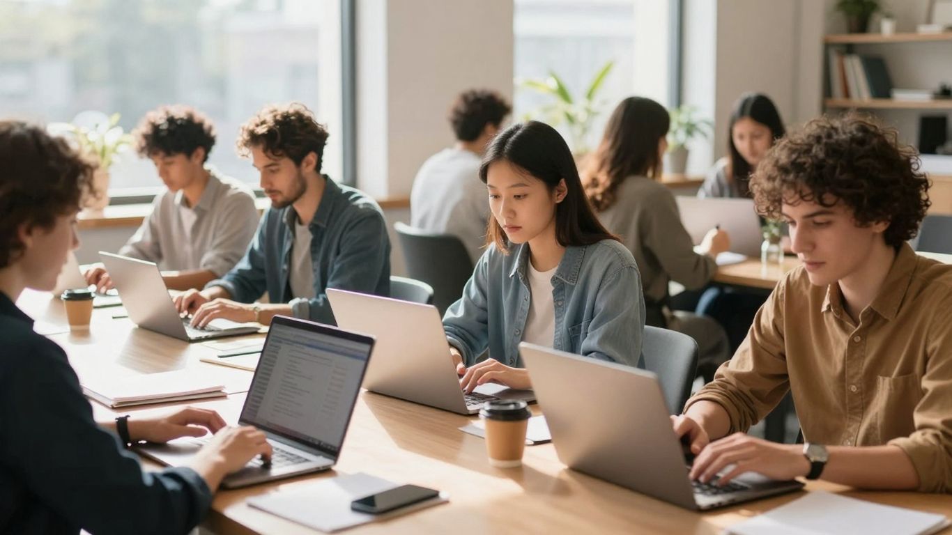 Freelancers working in modern co-working spaces.