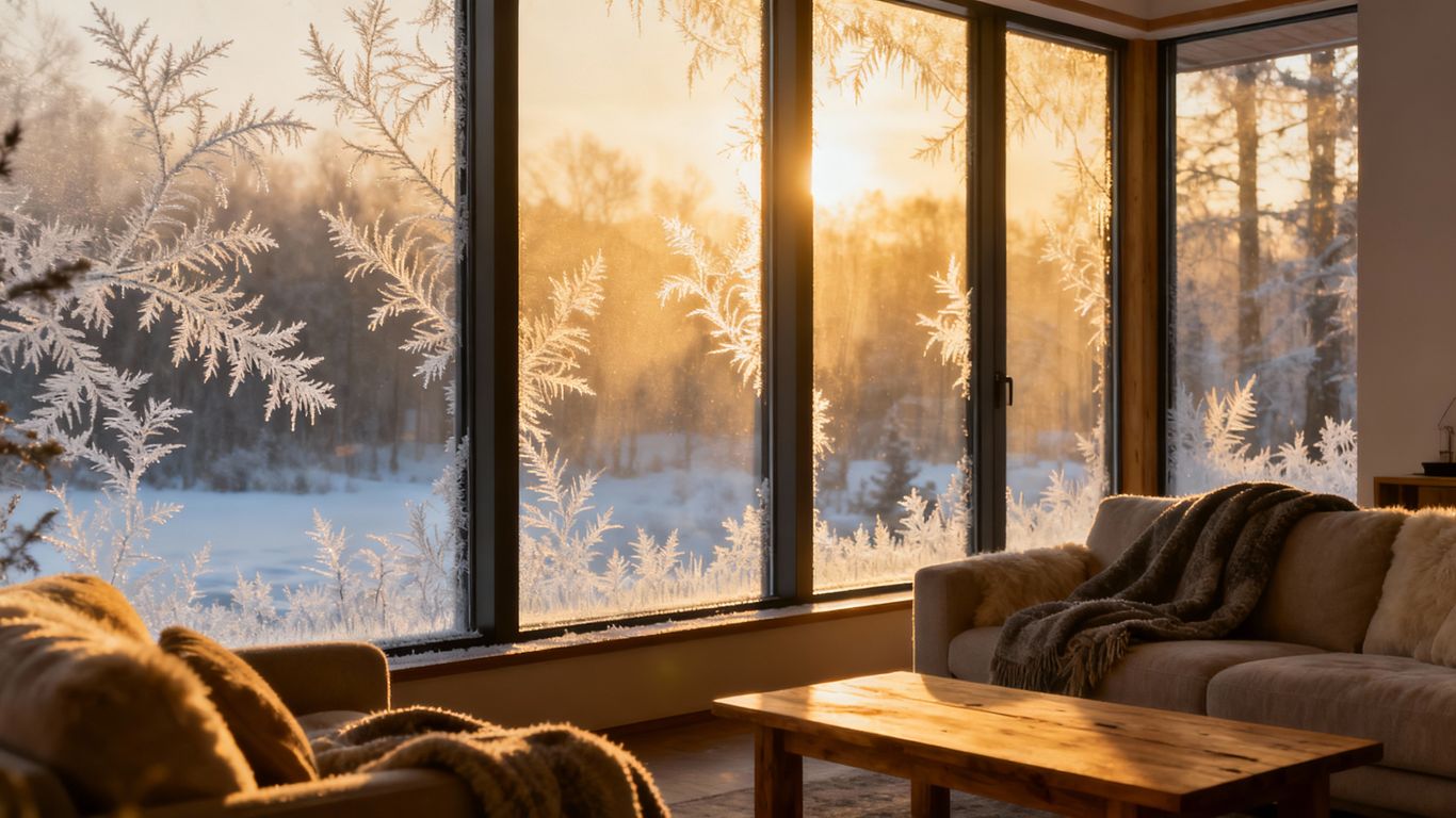 Frosty window panes in a cozy room during winter.