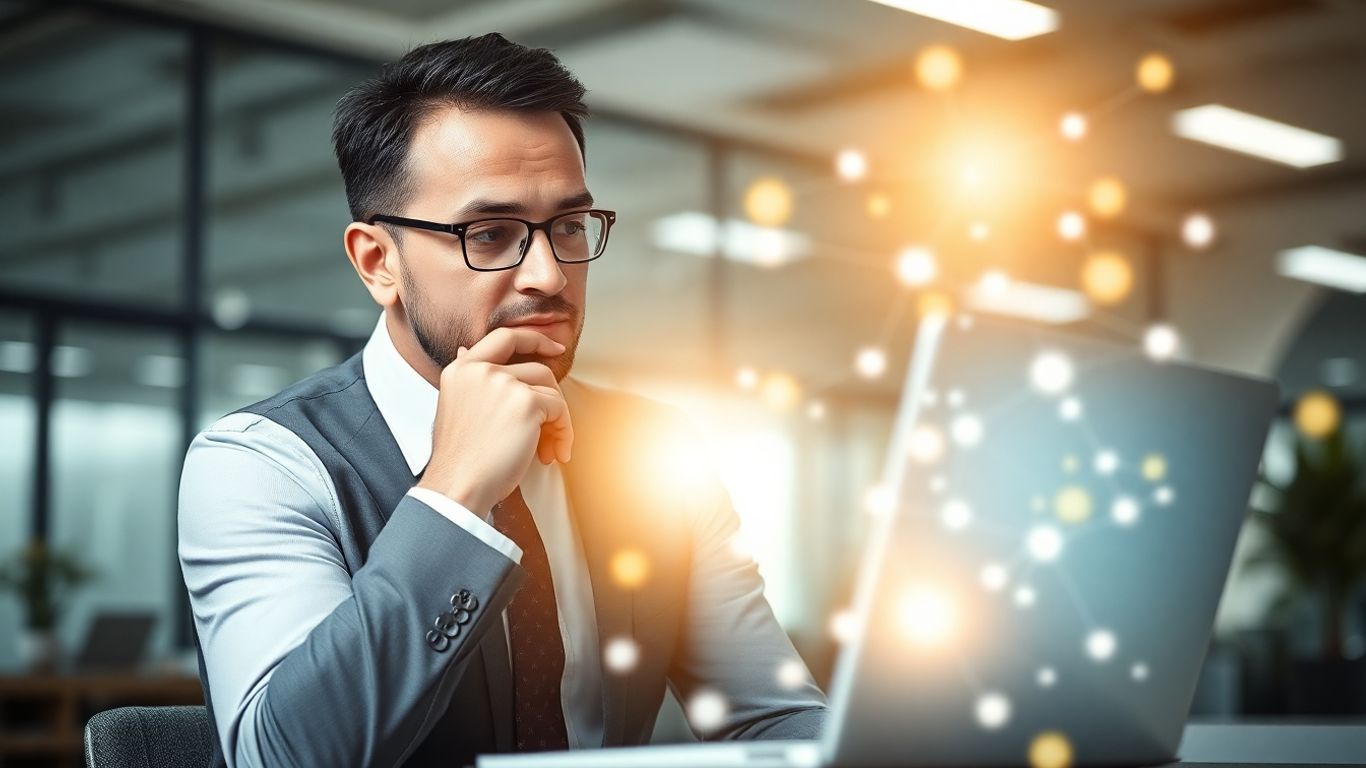 Business person analyzing digital network from laptop.