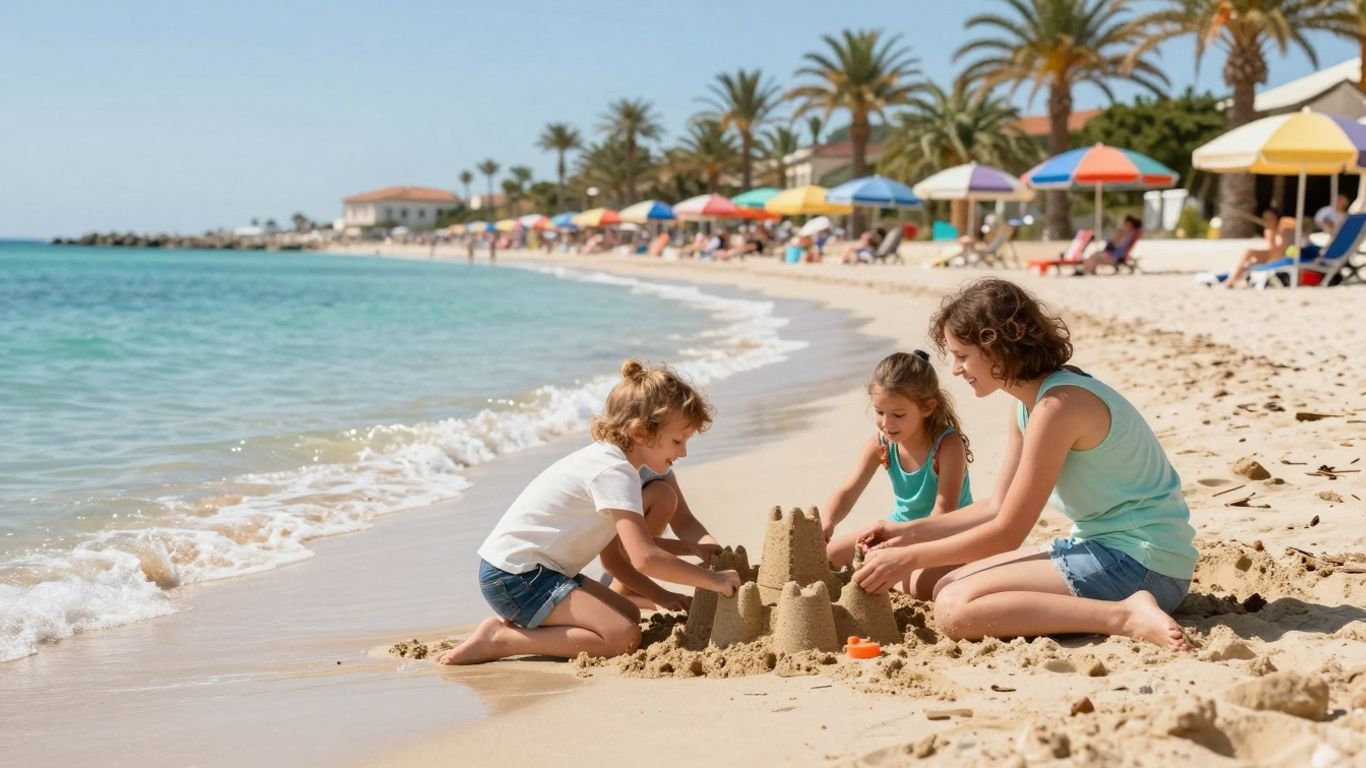 Family enjoying a sunny European beach vacation.