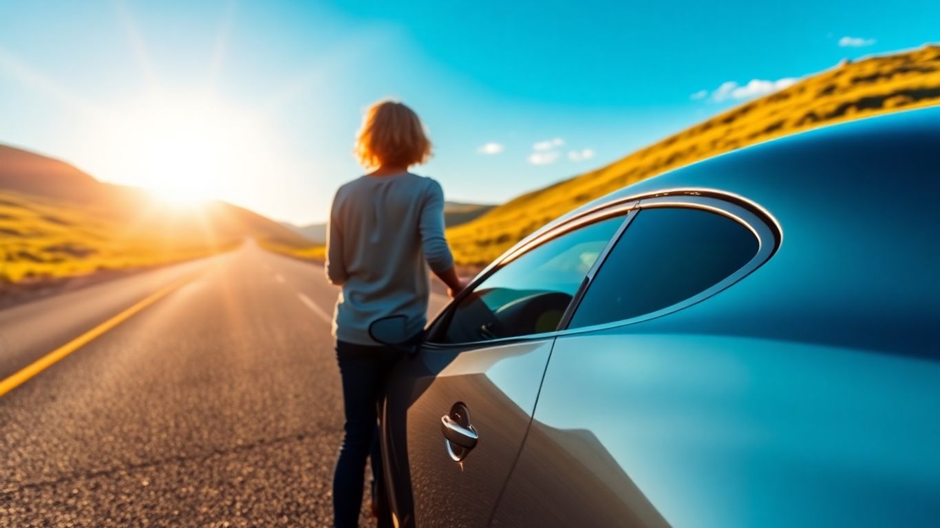 Person and Mazda facing an open, sunlit road.