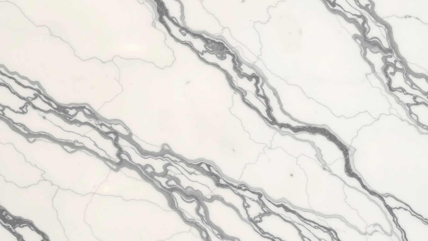 Polished Arabescato marble slab with grey and black veins.