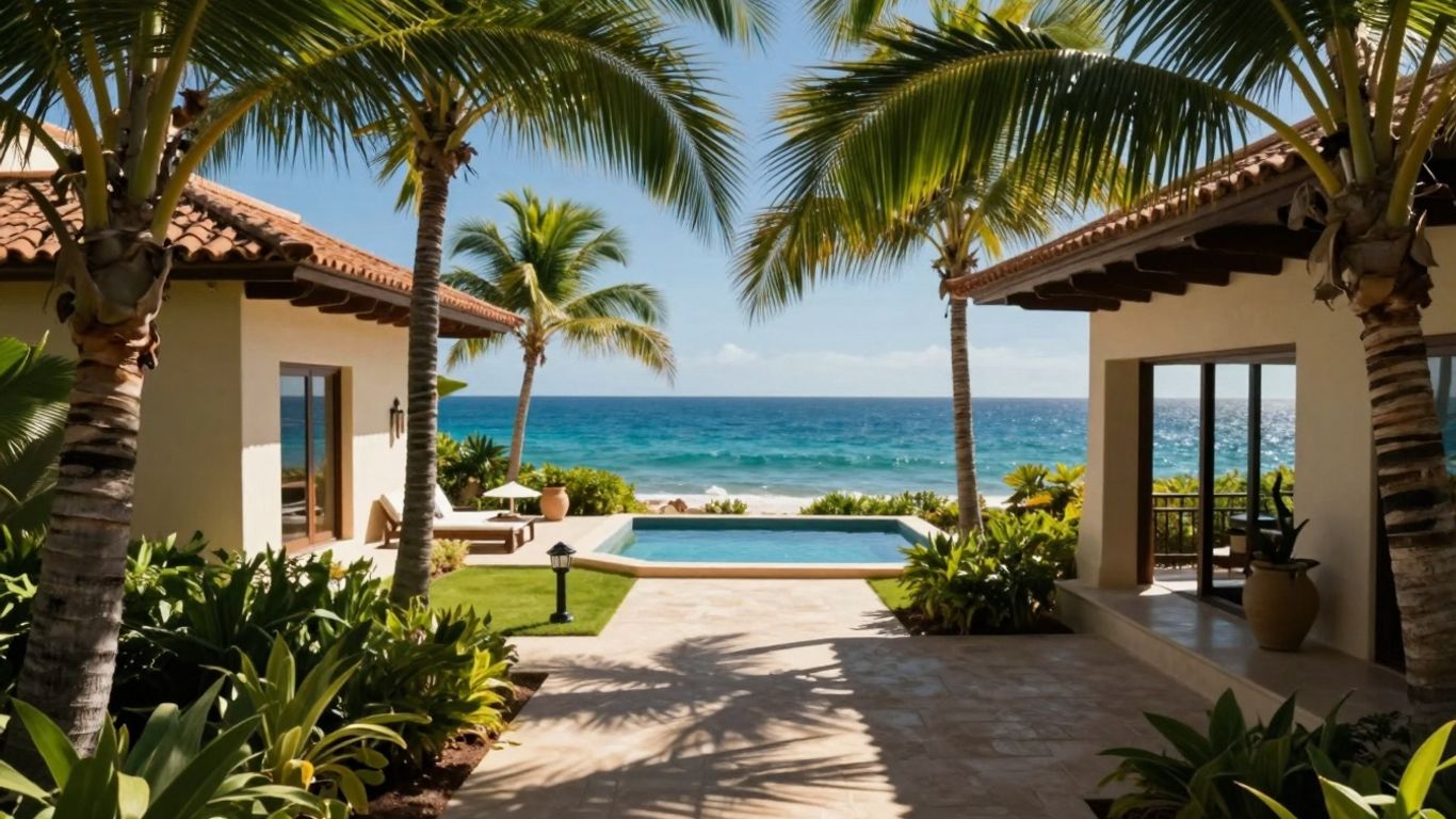 Cabo villa overlooking the ocean with palm trees.