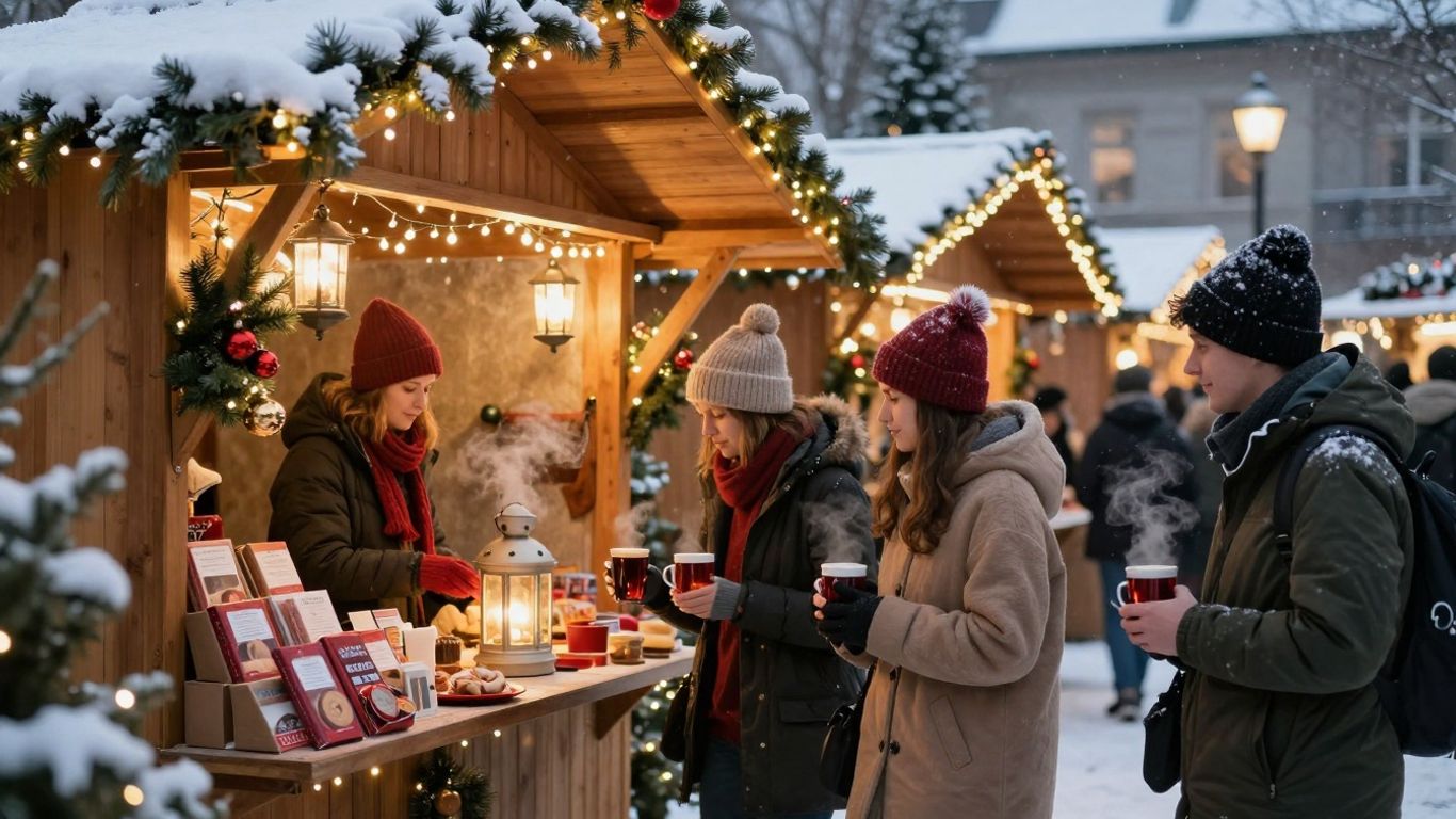 Weihnachtsmarkt mit Lichtern und Ständen