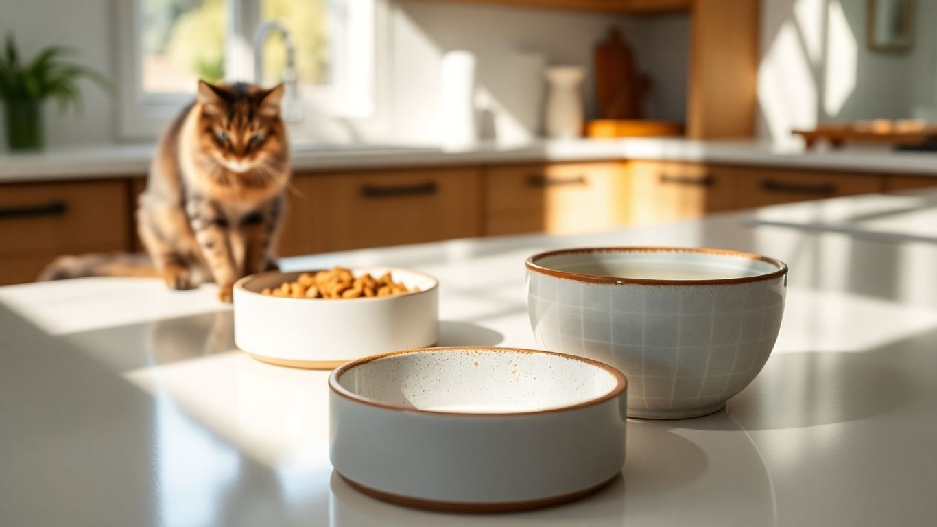 Two stylish cat bowls on a counter.