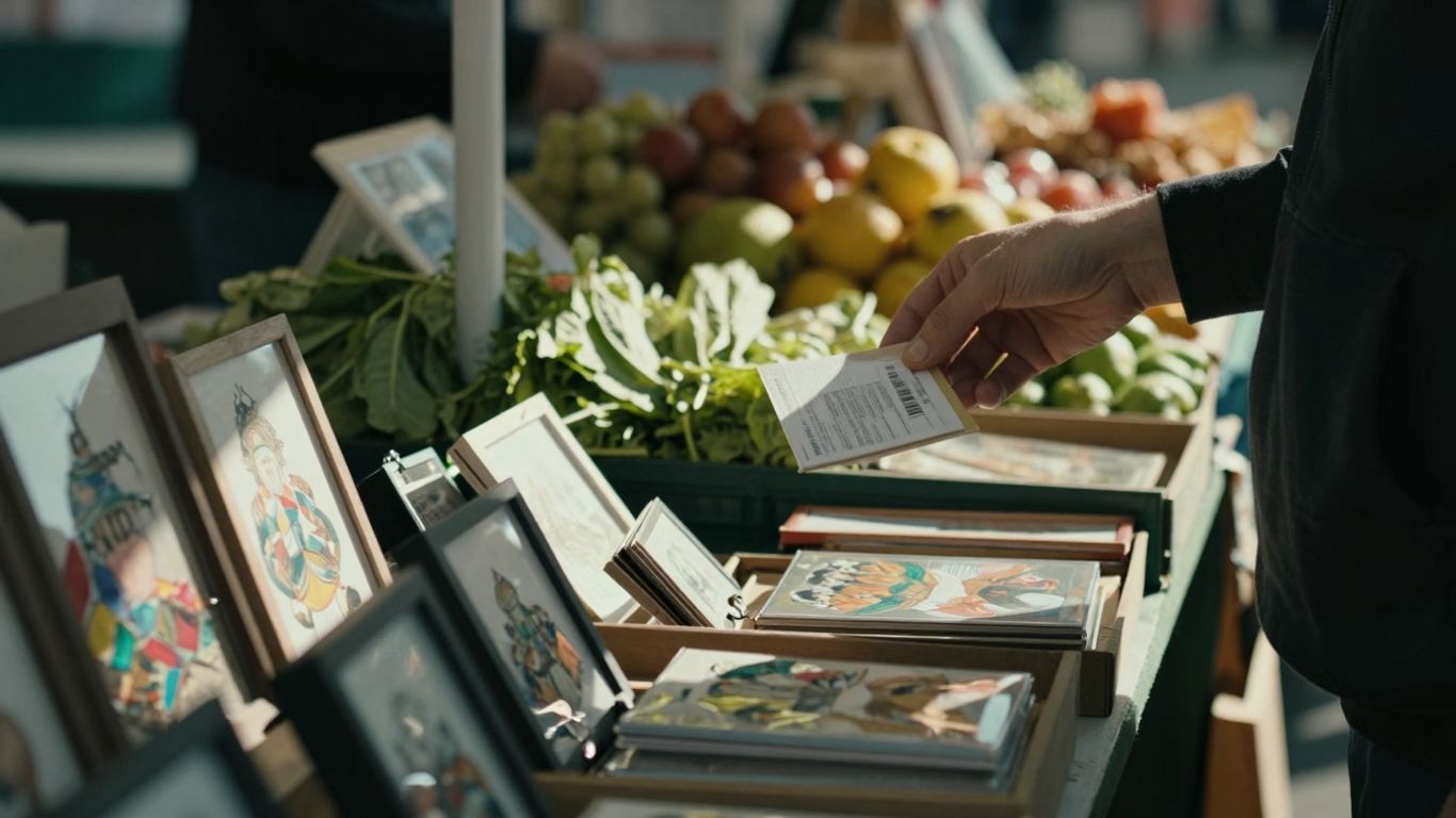 UK street market stall with goods and a hand.