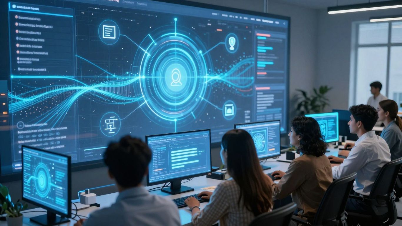 Digital marketing engagement with people and glowing screens.