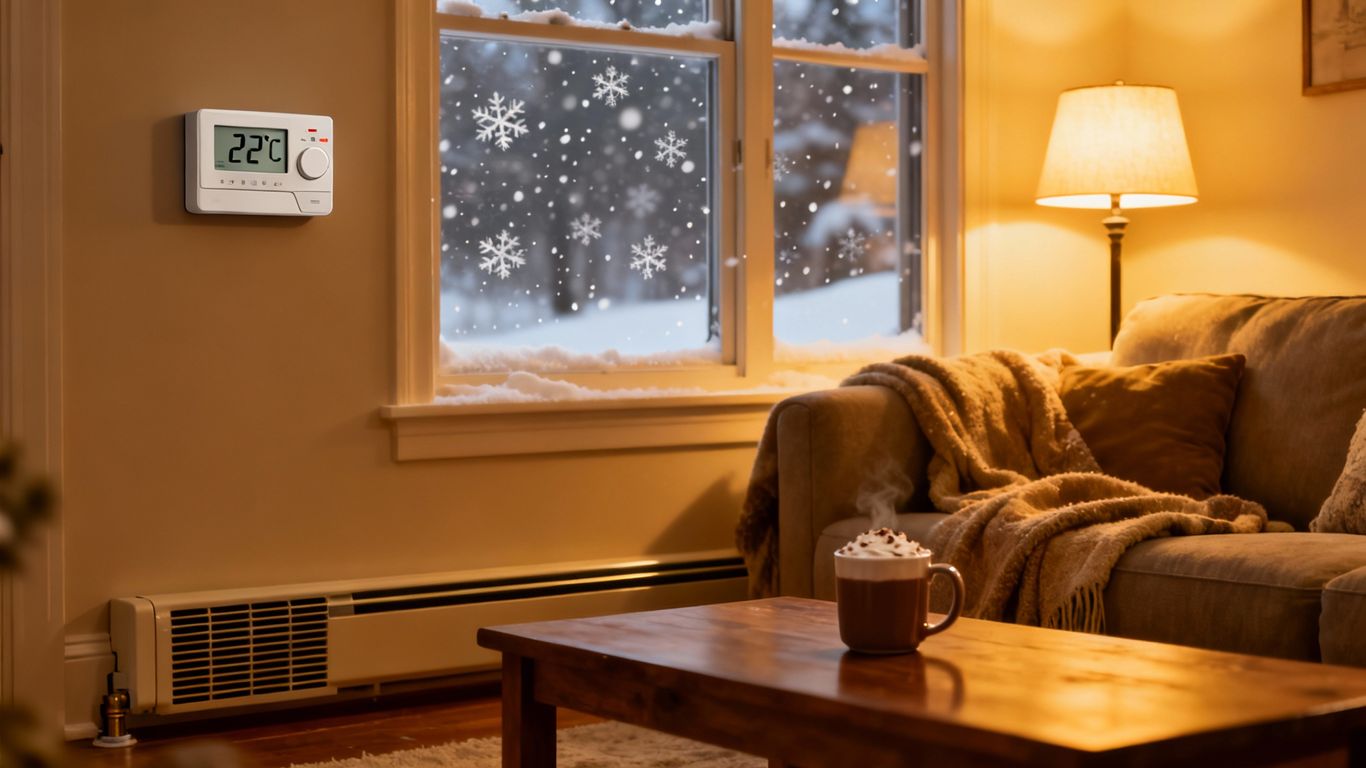 Cozy living room with thermostat and winter snow outside.