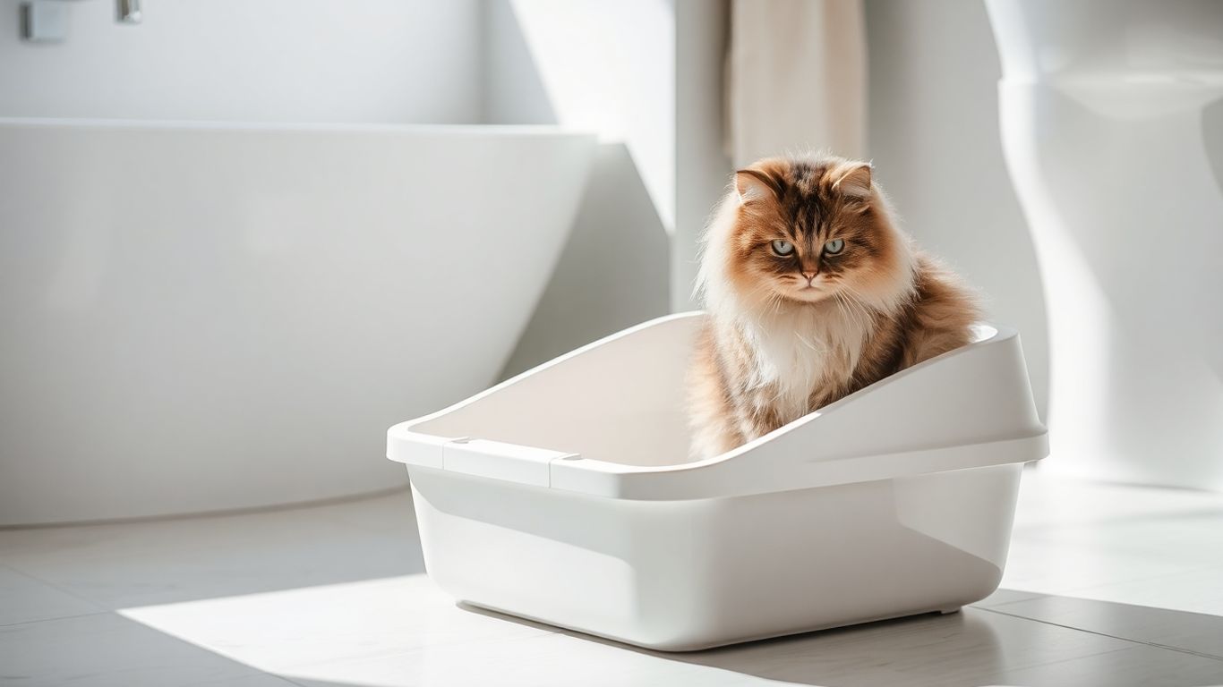 Cat with litter box in a clean, modern bathroom.