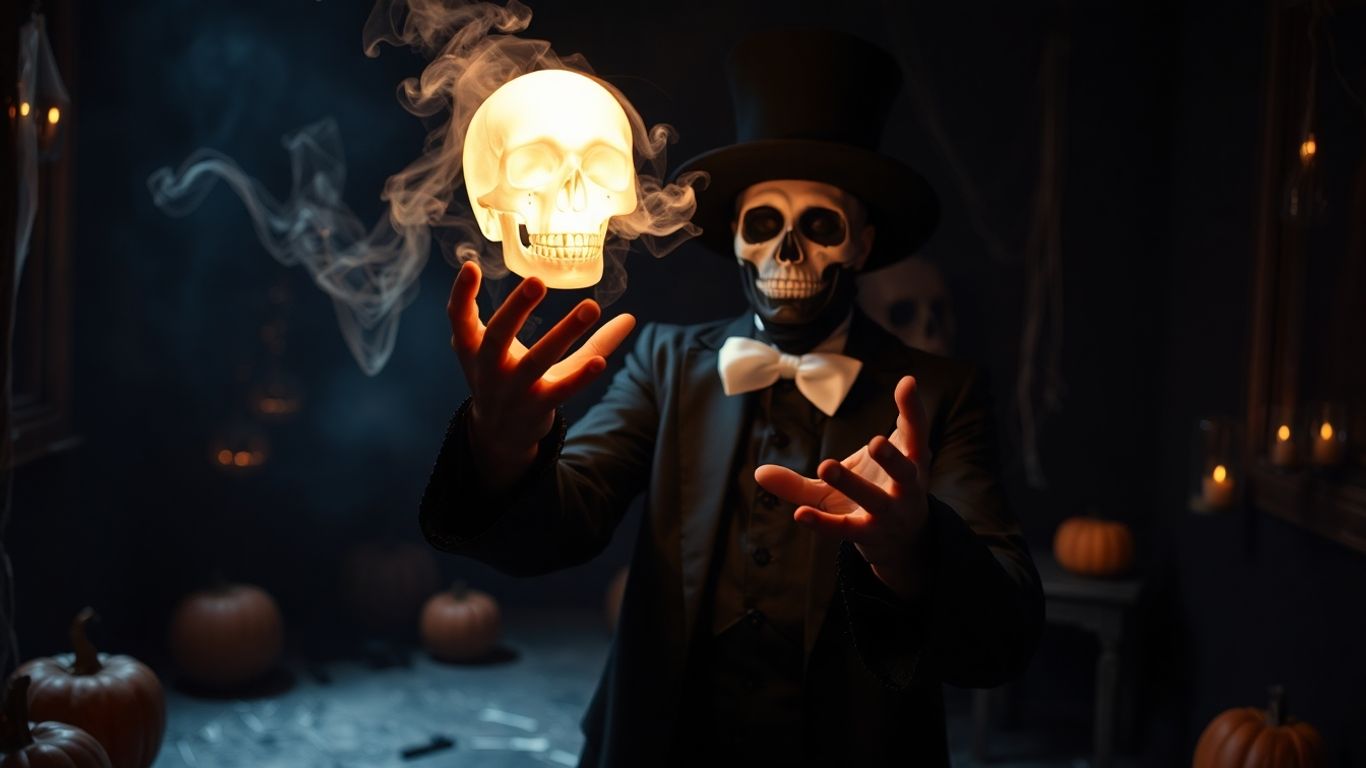 Magician performing levitation trick with glowing skull at Halloween party.