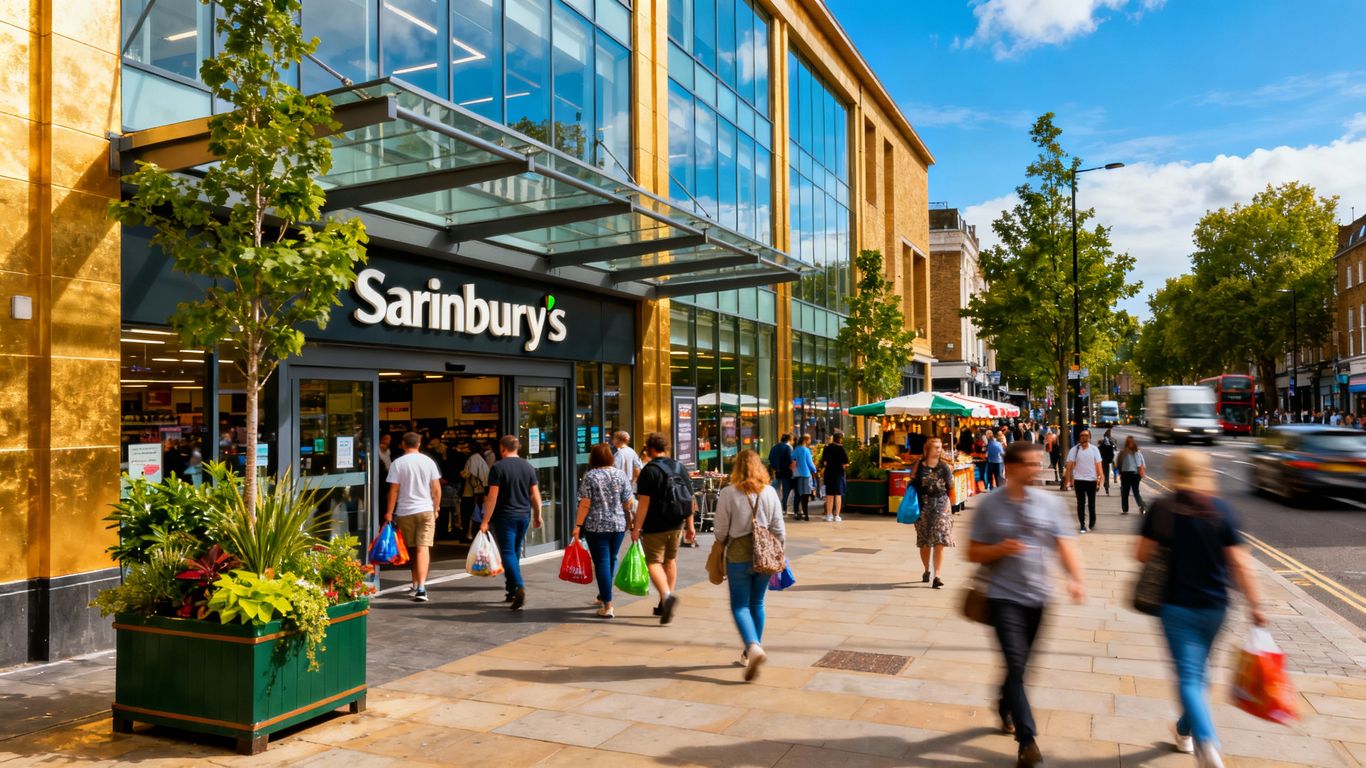 Busy Camden Sainsbury's entrance with shoppers and greenery