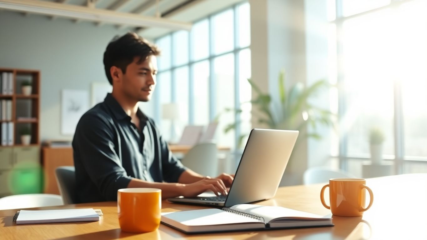 Person working on laptop in a bright office.