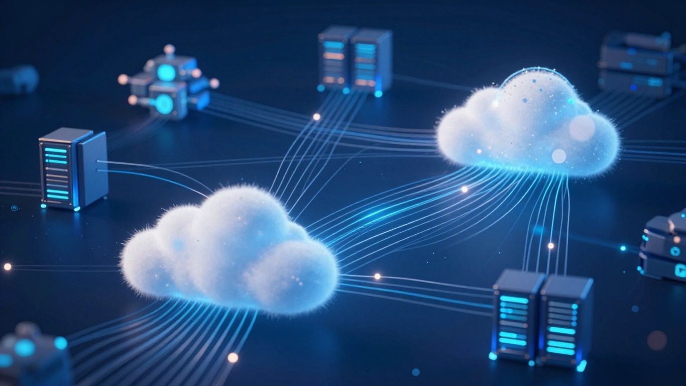 Abstract visualization of interconnected cloud servers and data streams.