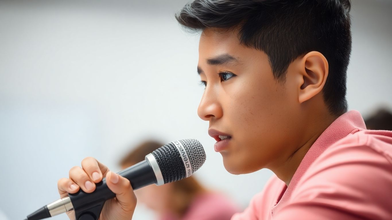 Student speaking confidently into a microphone for TOEFL.