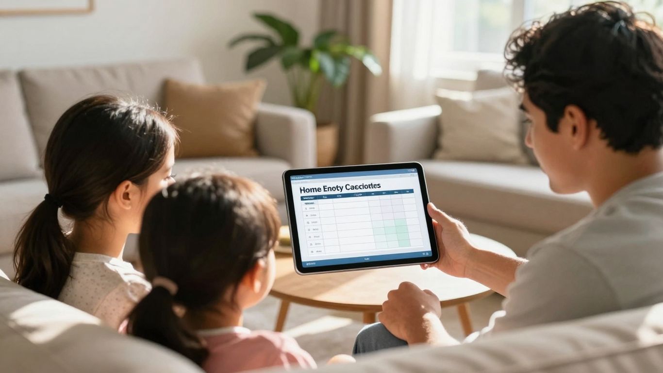 Family using a home equity loan calculator on a tablet.