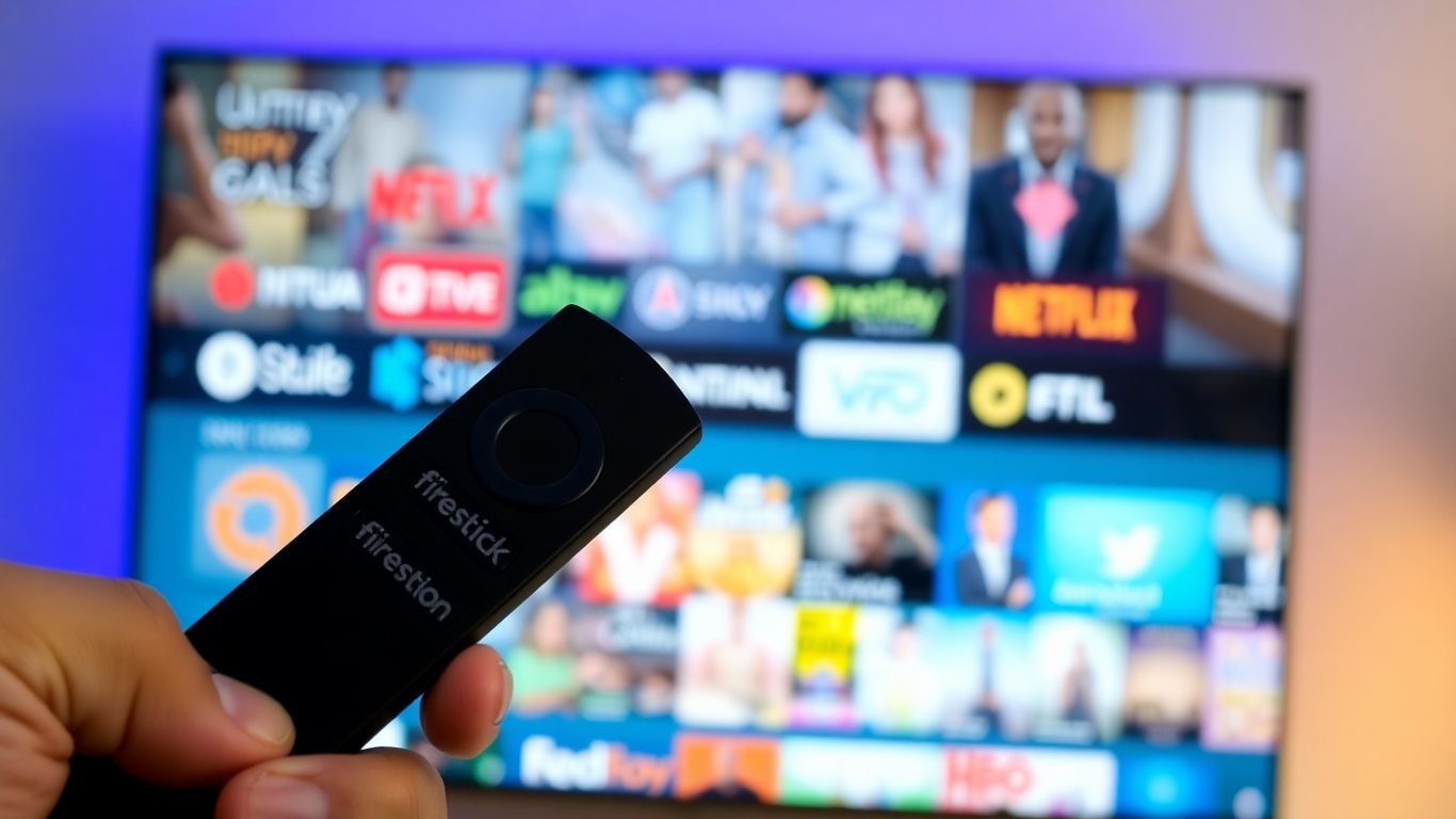 Firestick remote and TV screen with entertainment icons.