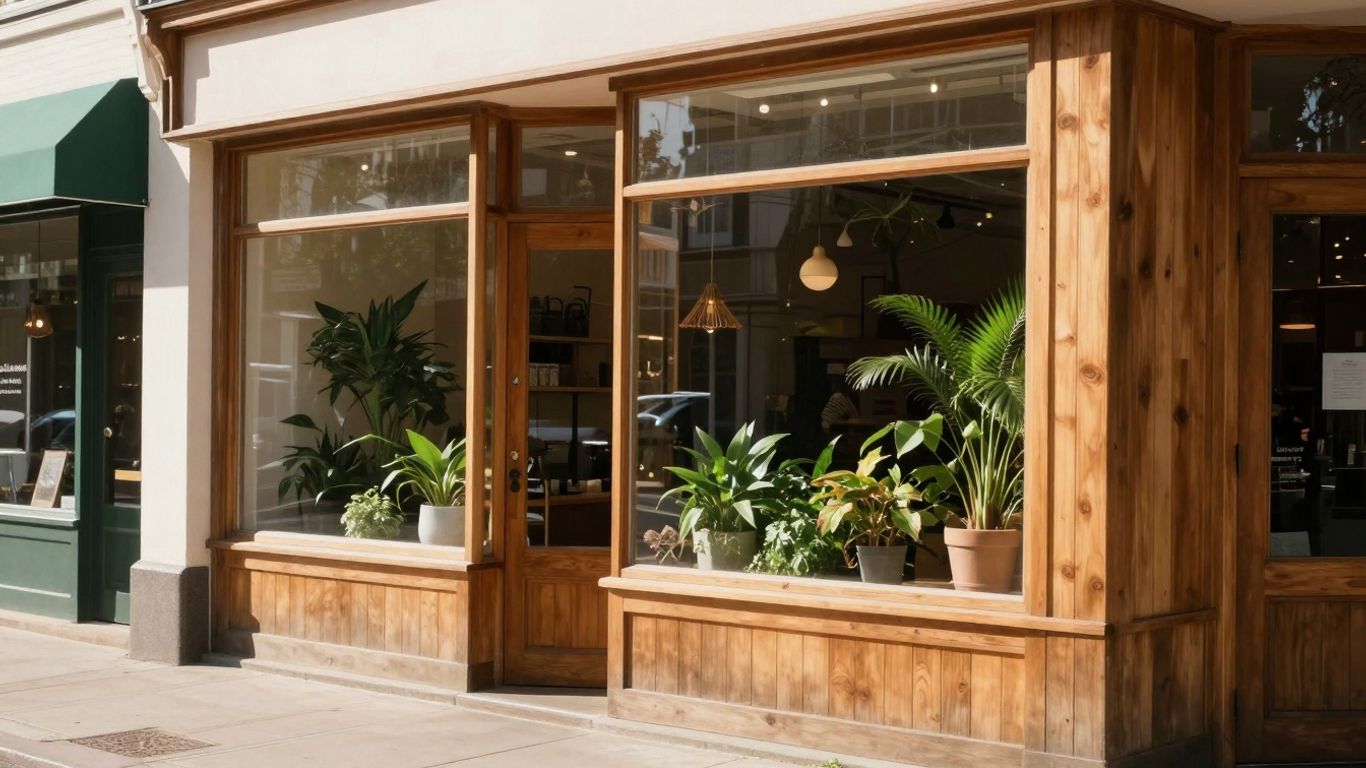 Cozy local dispensary storefront with plants and natural light.